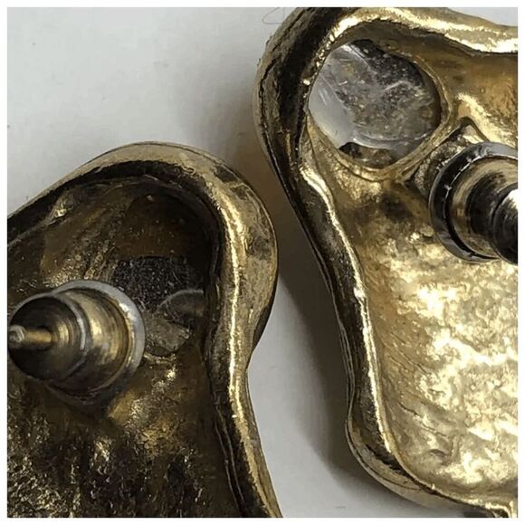 Unique Vintage Gold Tone Faux Amber Cabochon Chunky Statement Earrings - Picture 7 of 7